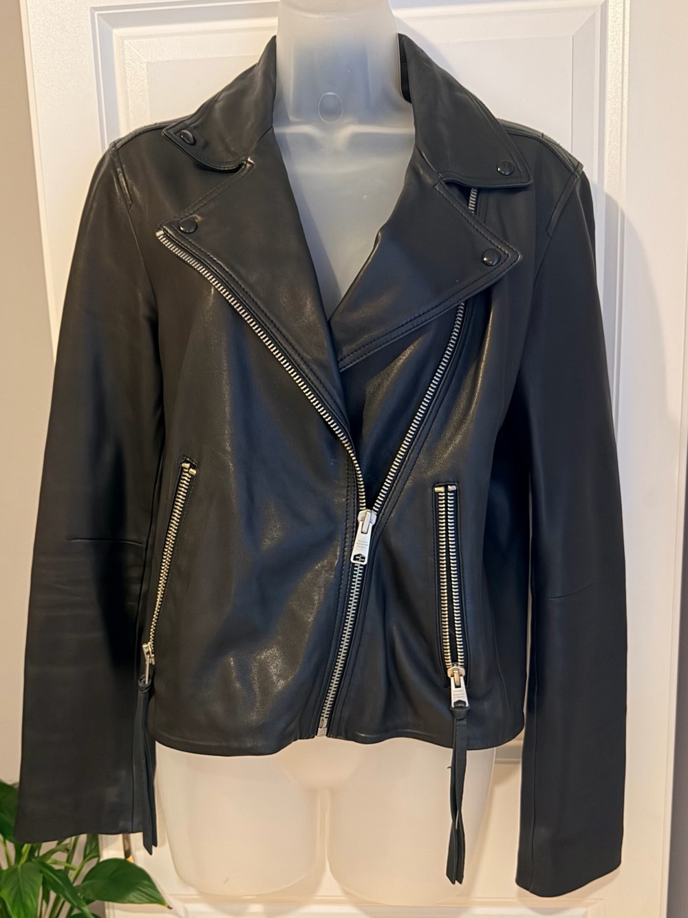 AllSaints Dalby Leather Biker Jacket Black Lamb Leather Moto US 8
